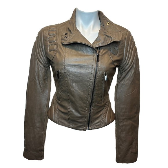 BCBGMAXAZRIA 100% Leather Jacket XS Cropped Padded Zip Pockets Light Brown Biker
